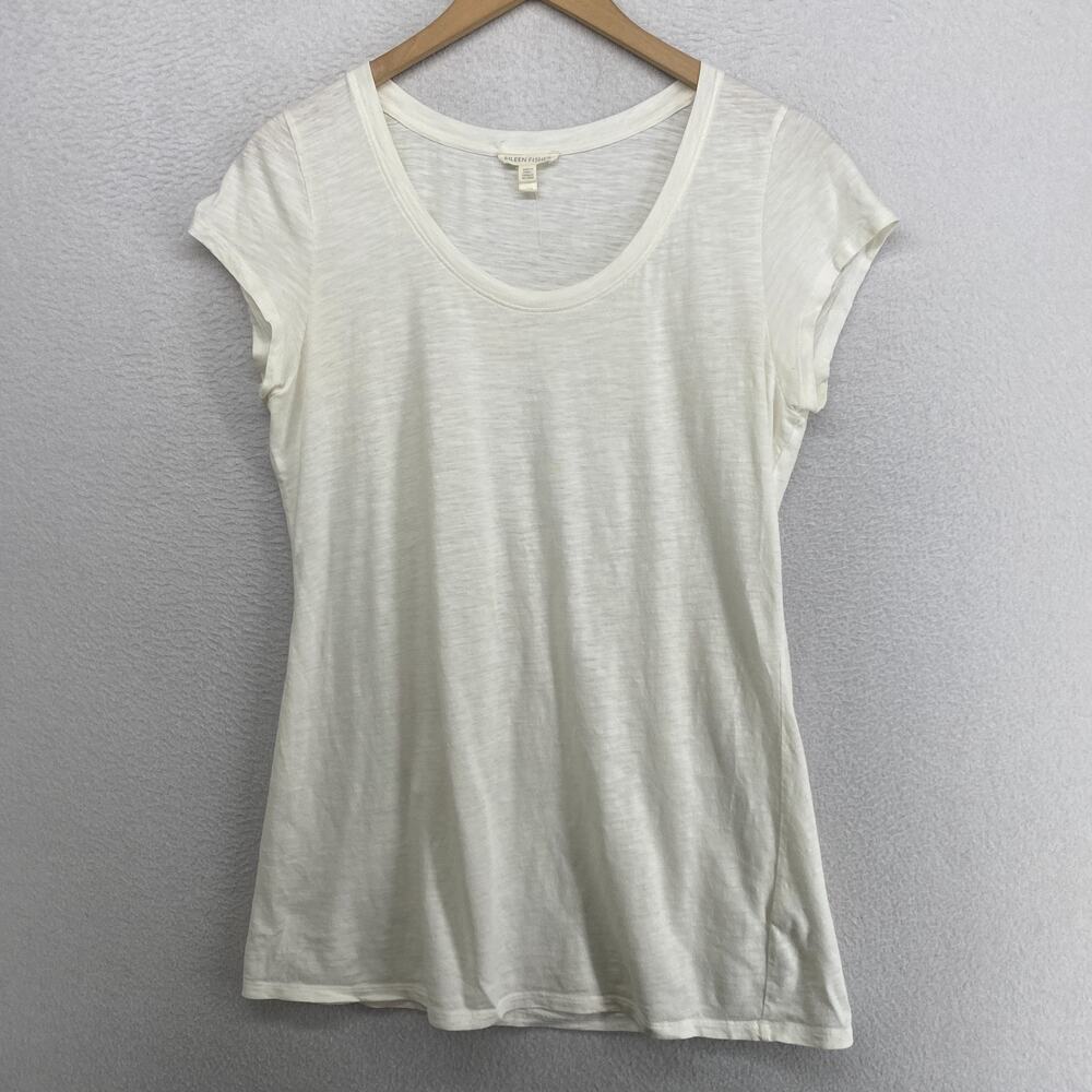 EILEEN FISHER Top M Slub Jersey Organic Cotton Scoop Neck Short Sleeve White